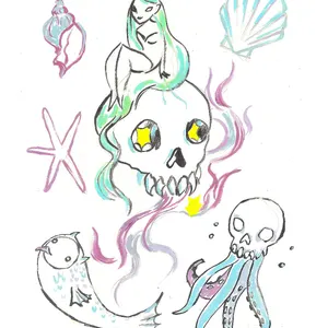 hand-drawn skull and undersea creatures line-art tattoo flash